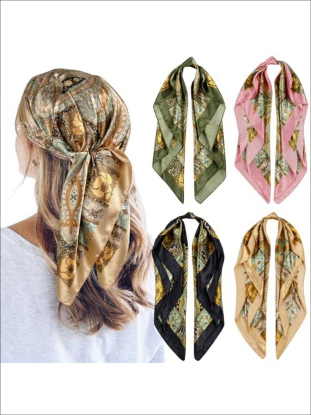 Satin Silk Feeling Square Head Scarf 35in Hair Wrap Neck Scarves 4 Pc Set